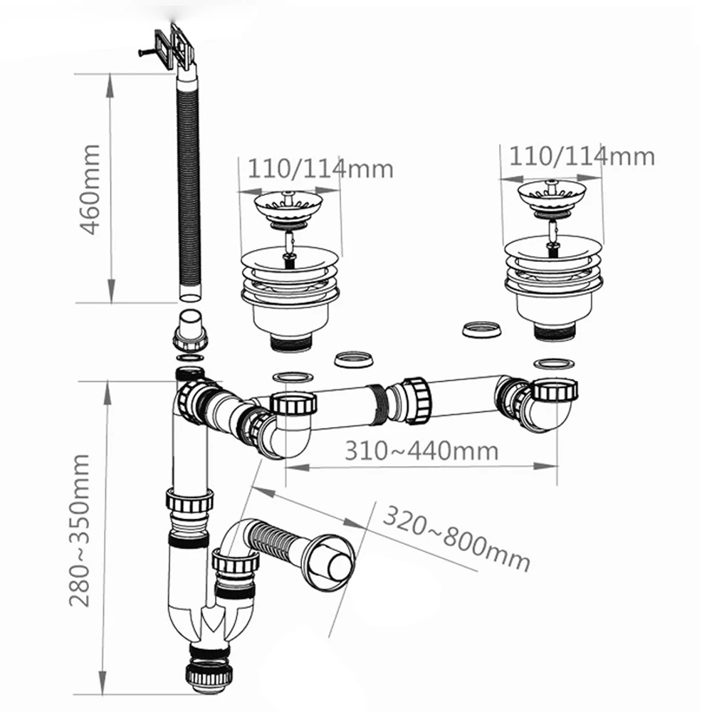  Talea stainless steel Double drainpipe Rear position with overflow sink Drain Kit Kitchen Fixtures - 32858286621