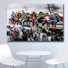 Wxkoil super-heróis almoço em cima de um arranha-céu quadros da parede lona para sala de estar escritório quarto moderna lona pintura a óleo
