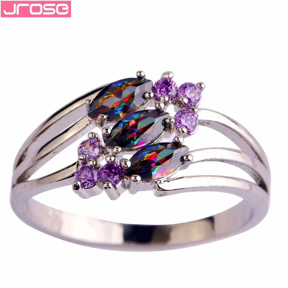 

JROSE Party Jewelry Colorful Created Purple & Rainbow CZ Silver Color Ring Size 6 7 8 9 New Fashion Wholesale