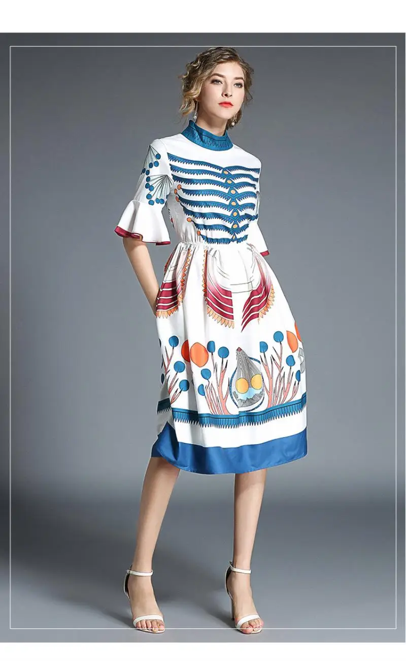 Retro Flower Print Midi Summer Dress Vestidos Playa Verano 2018 Women Party Kawaii Dress Vestidos Casuales De Mujer