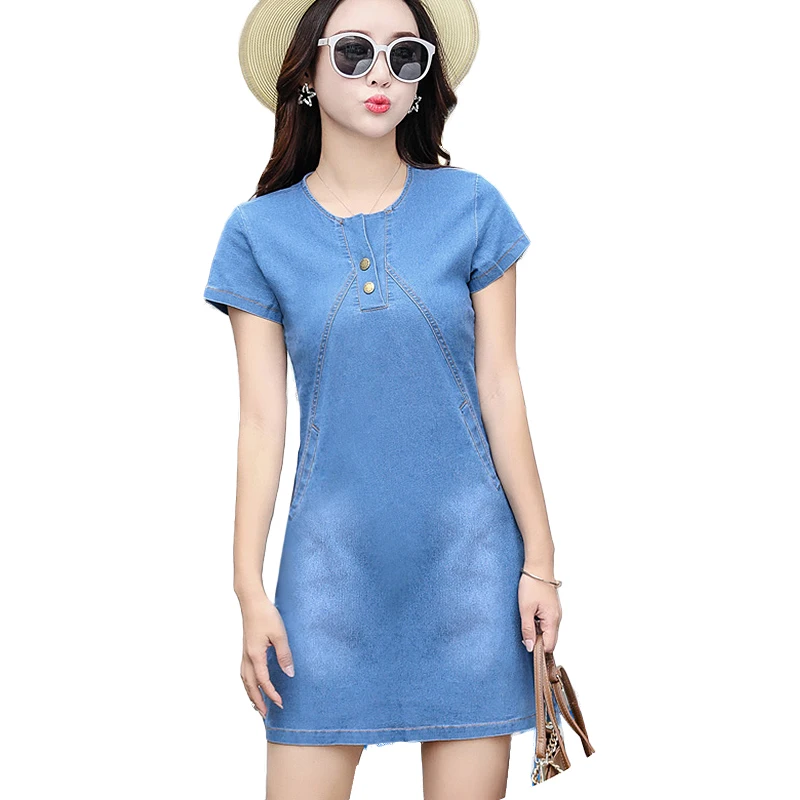 

Plus Size 3XL Casual Summer Denim Dress women O-neck short sleeve slim Pockets Jeans Dresses vestidos mujer Women Clothing