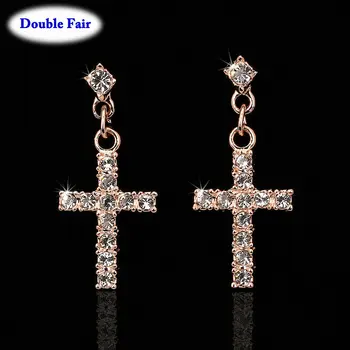 Cubic Zirconia Cross Drop/Dangle Earrings Rose Gold Color/Silver Tone Fashion Jewelry For Women Wholesale Punk Style DWE328