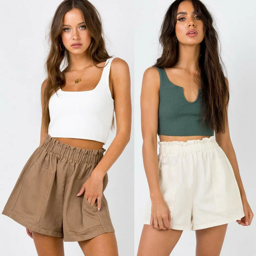 Summer Women Casual Shorts 2019 New Women Summer Casual Linen Elastic High Waist Solid Double Pockets Loose Shorts Summer Women Casual Shorts 2019 New Women Summer Casual Linen Elastic High Waist Solid Double Pockets Loose Shorts