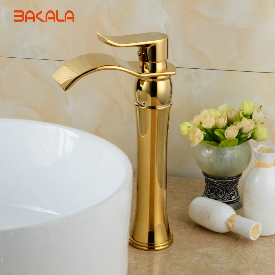 BAKALA الذهب صنابير حمام الشلال الحمام الذهبي صنبور واحدة مقبض الغرور بالوعة صنبور حوض خلاط B-1002M