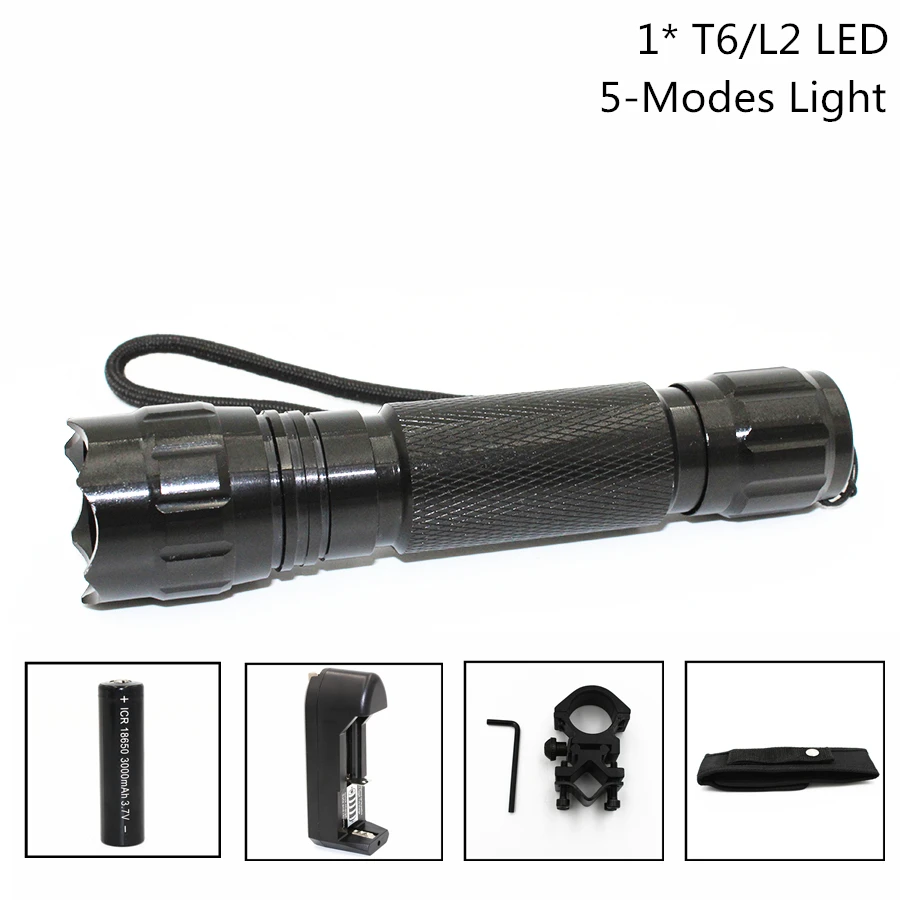 

White Light Flashlight XM-L T6 L2 LED 5 Modes Torch Portable Lamp 18650 Li-ion battery Charger