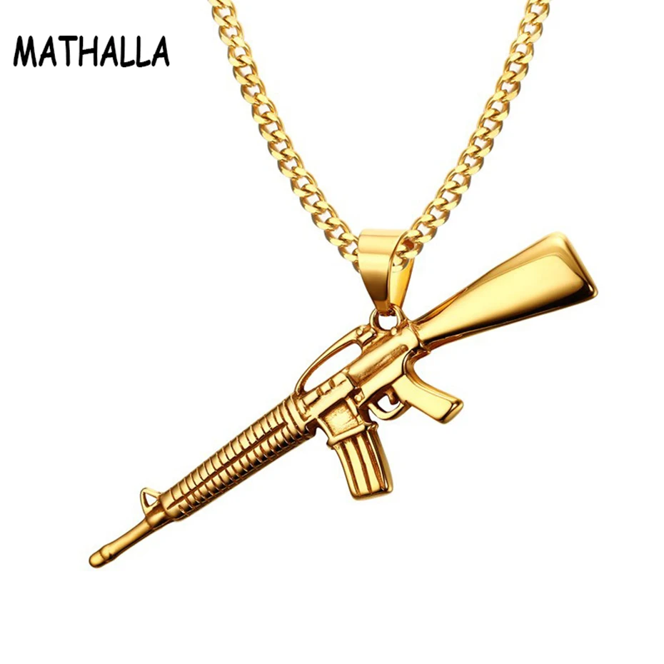 

HipHop Men's Submachine Gun Pendant Necklace Gold Silver Color Long Chain Necklace For Women Jewelry AK 47