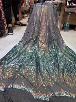 

5yards/lot ) 2019 New High quality emerald green Velvet African tulle lace French net lace fabric with Sequins for party dress