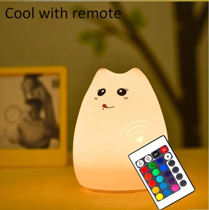 Colorful Cat Silicone LED Night Light Rechargeable Touch Sensor 2 Modes Children Cute Lamp Bedroom with remote switch | Лампы и