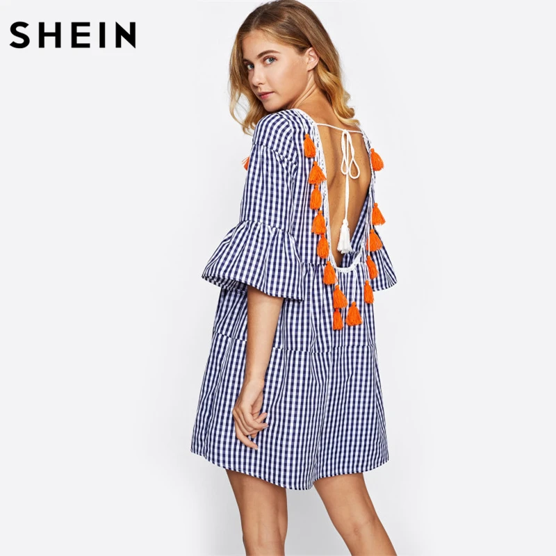 SHEIN Tassel Tied Open Back Tiered Gingham Dress Blue ...