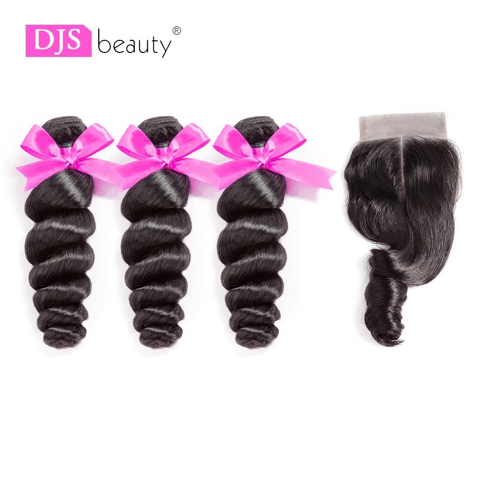 8A ди-джеев красоты волос перуанский Девы волос свободная волна Связки со средней частью 4*4 закрытия шнурка естественный цвет бесплатная