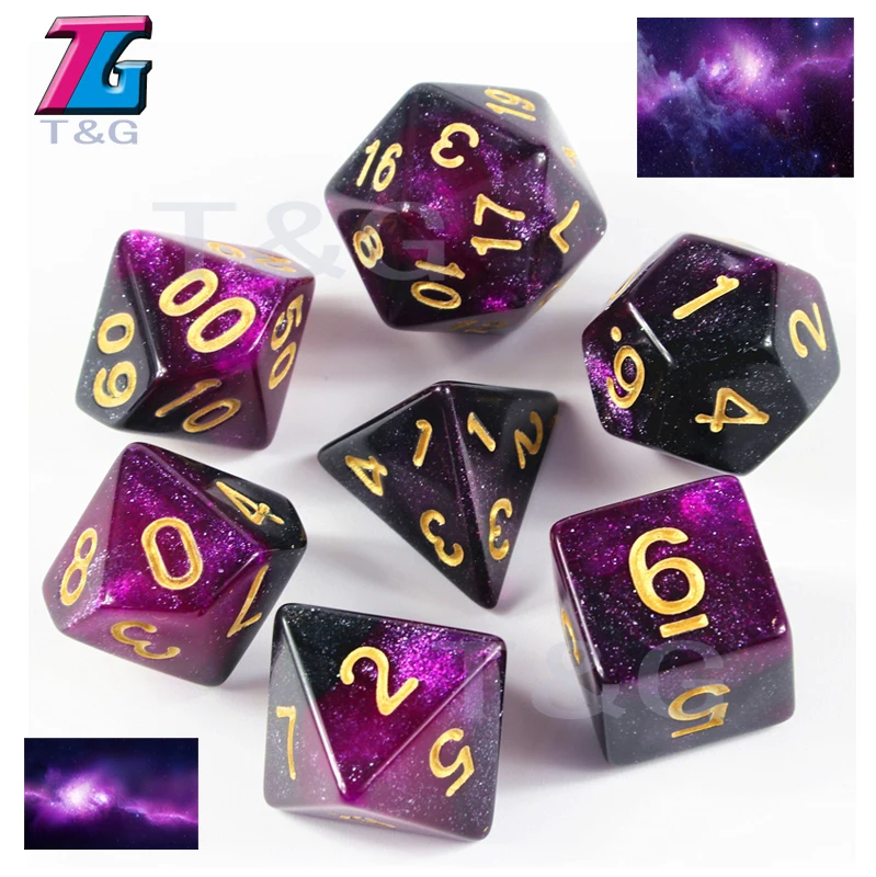 T& G креативная Вселенная Galaxy Dice набор D4-D20 с загадочным Королевский синий микс черный, блестящая пудра ForTRPG, DND настольная игра