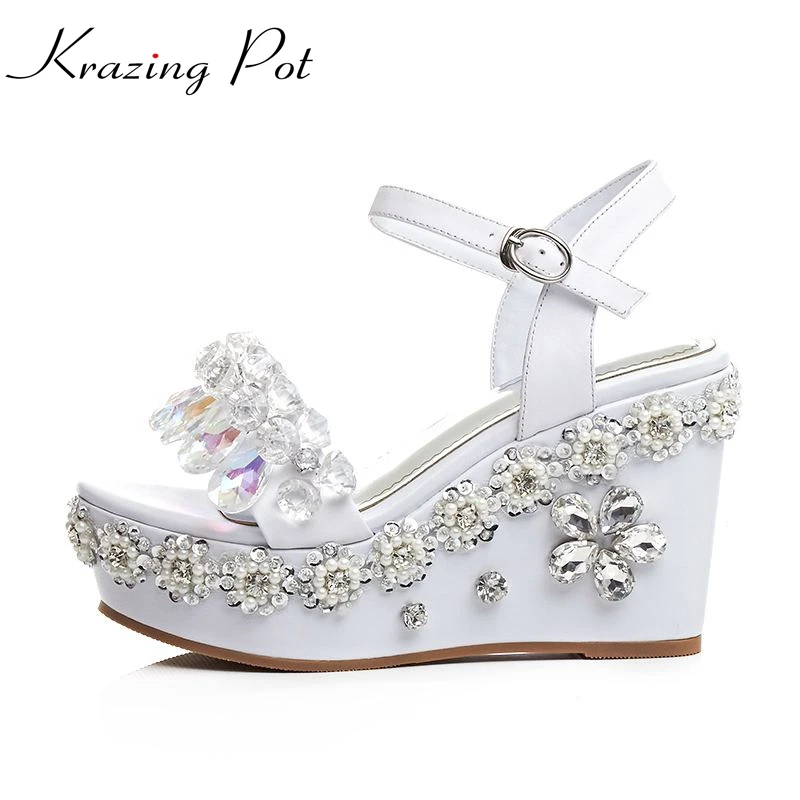 

2017 Krazing Pot new super high heels wedges platform women brand shoes crystal beading party women European style sandals L36