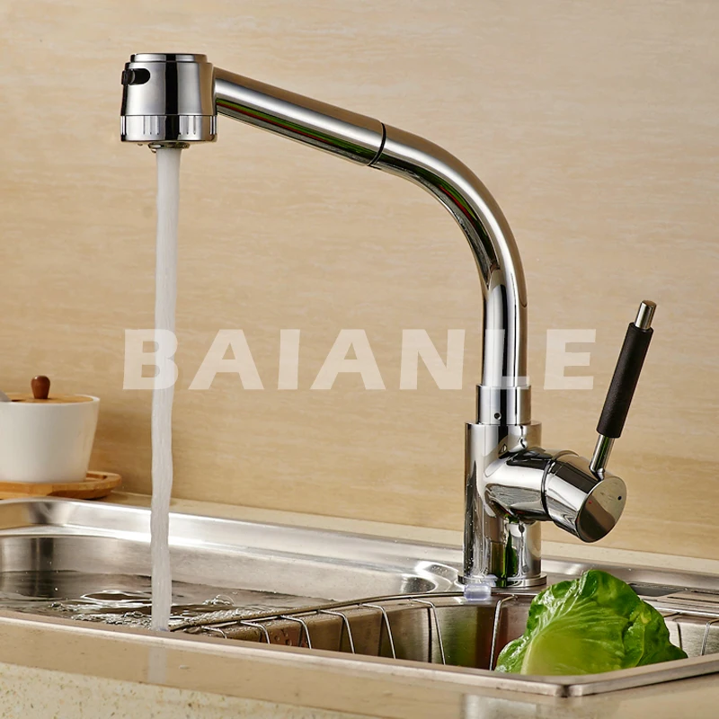 Free Shipping Solid Brass pull out Kitchen Mixer Cold and Hot Kitchen Tap Single Hole Water Tap Kitchen Faucet 