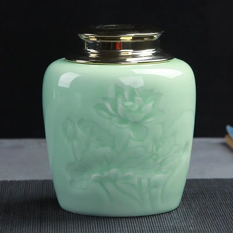 

Chinese Ceramic Tea Box Retro Lotus Carvings Tea Storage Containers Family Home Porcelain Jar Light Green Powder Coffee Tea Can
