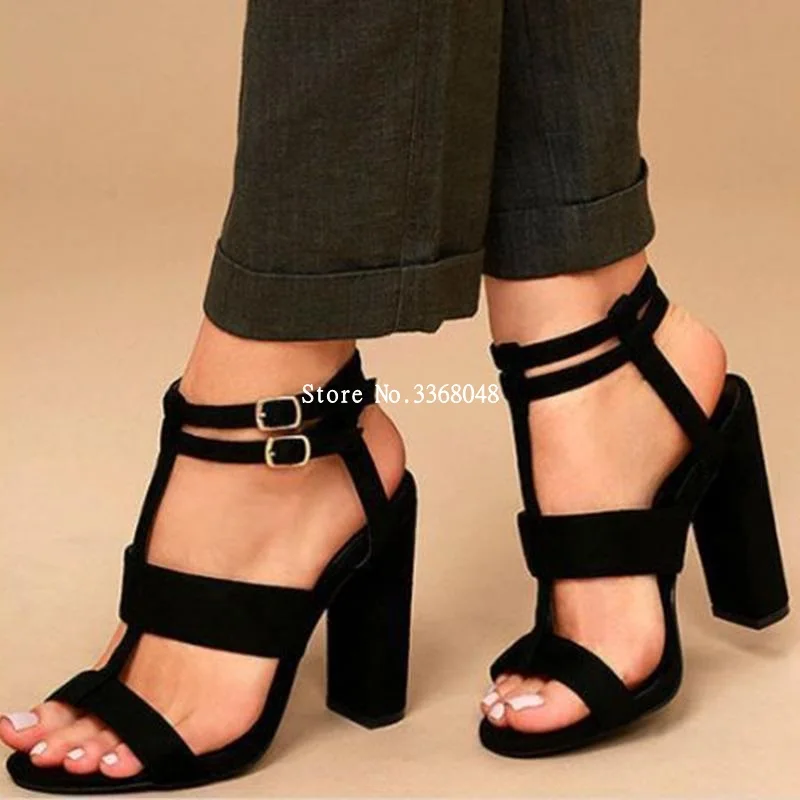 

Double Buckle Strappie Open Toe High Heel Sandals Sexy Hollow Out Slingback Block Heels Pumps Woman Party Dress Shoes Black Blue