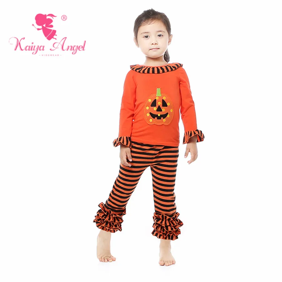 US $72.01 Kaiya Angel Halloween Toddler Girl Orange Pumpkin Ruffles Boutique Clothes Orange Black Stripe Cotton Children Autumn Outfits