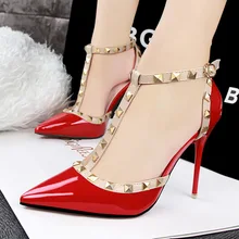 Size 34-39 # 5 Colors Super High Heel Pumps Sexy Pointed Toe Dress Shoes Elegant Woman Rivets Thin Heel Shoes Buckled Shoes V091