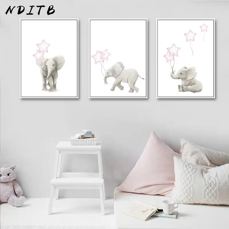 Nditb Lovely Elephant Baby Nursery Wall Art Canvas Painting Cartoon Animal Poster Print Decorative Pictures Kids Bedroom Decor