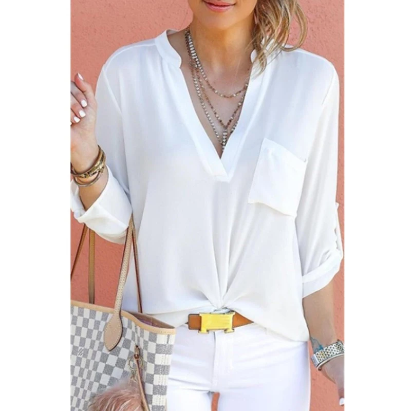 

2019 Spring Autumn Women V-neck Chiffon Shirt Solid Casual Long Sleeve Shirts Office Lady Blouses Fashion Street Tops S-5XL