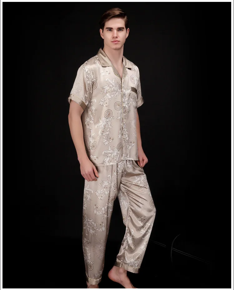2017 Ретро мода v-образным вырезом короткий рукав пижама мягкая гладкая поддельные шелковые пижамы для Для мужчин с L XL XXL с принтом SY018