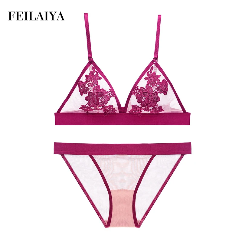 Feilaiya Unlined Wire Free Bra Set Lace Embroidery Floral Lingerie Sexy