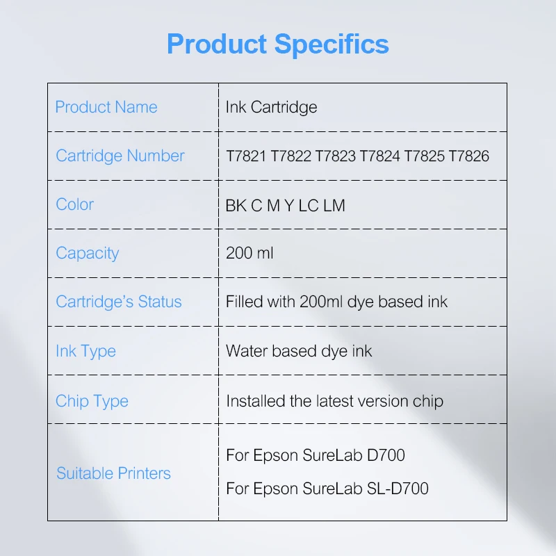 6 цветов/набор T7821-T7826 совместимый чернильный картридж с чернилами на водной основе для Epson SureLab D700 SL-D700 принтера 200 мл/уп