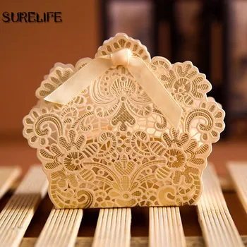 

100PCS Laser Cut Hollow Lace Flower White/Gold/Red Candy Box Luxury Wedding Party Sweets Candy Gift Favour Favors Boxes