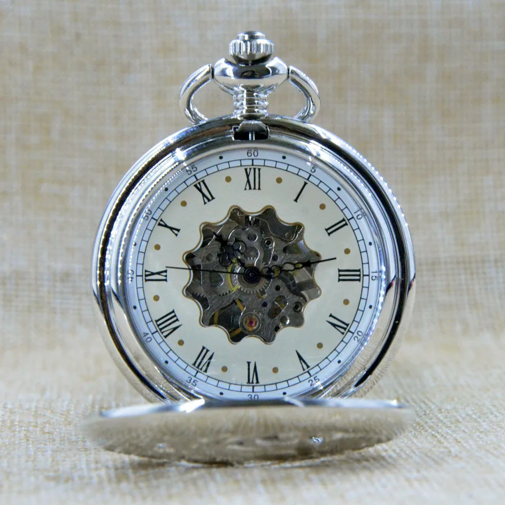 

M065 Hand Wind Mechanical Pocket Watch With Box Silver Birds Clamshell Skeleton Gears Men Women Large White Dial Watch Gift