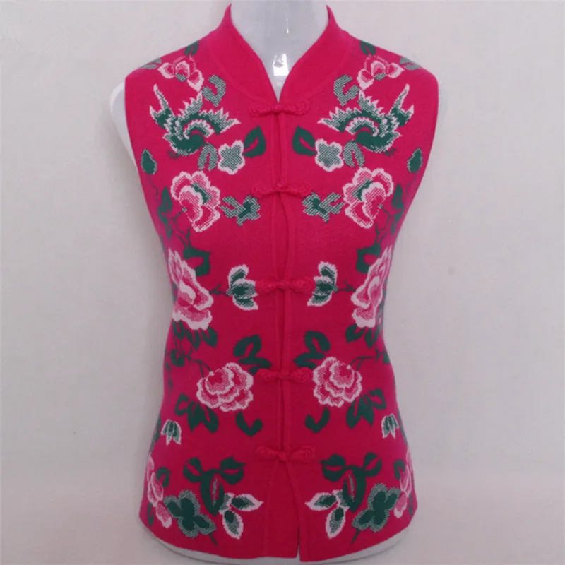 Чистый коза, кашемир жаккард вязаный женский модный китайский стиль Стенд воротник свитер жилет без рукавов Розовый Красный 2 цвета S/5XL