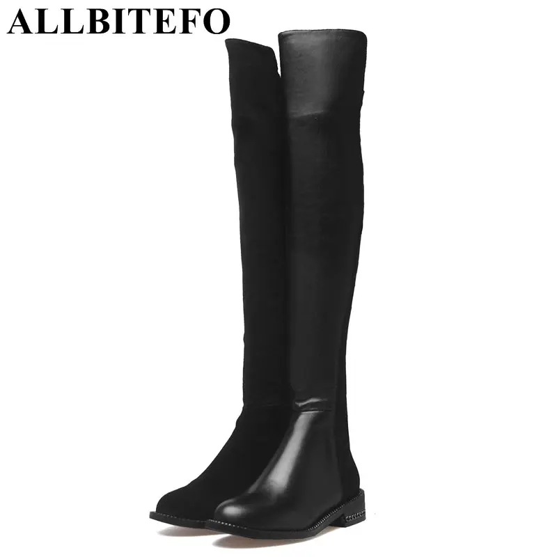 

ALLBITEFO large size:34-42 genuine leather+Stretch material low-heeled women boots thick heel mixed colors winter boots