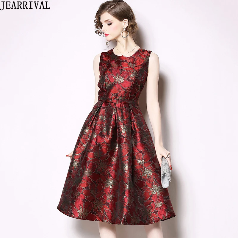 

2019 Fashion Vintage Summer Dress Women Sleeveless O-Neck Retro Print Jacquard Elegant Midi Dress A-Line Vestidos Robe Femme