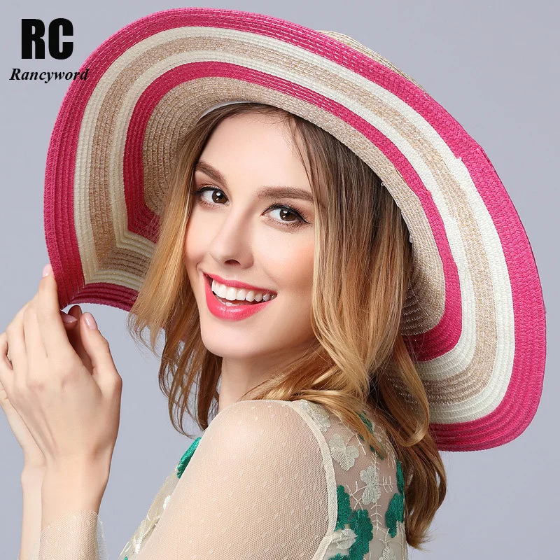 [Rancyword] Women's Summer Sun Hats Large Brim Beach Hat Bow tie Casual