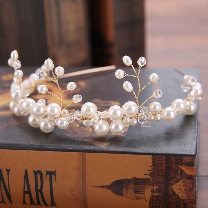 

Handmade Gold Crystal Pearl Beads Headband Headpiece Tiara de Noiva Bridal Hairband Hair Jewelry Women Wedding Accessories VL