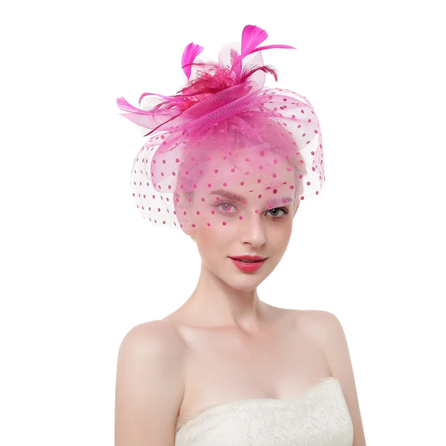 WELROG цельное украшение с перьями на шляпах для женщин Женские коктейльные заколки на волосы для вечеринки модные точечные Цветочные сетки обруч с лентой - Цвет: Purple Red