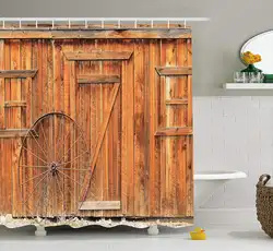 Древних Запад сельском городке деревенский выветривания деревянные двери и Wagon Wheel полиэфирной ткани Ванная комната Душ Шторы комплект с