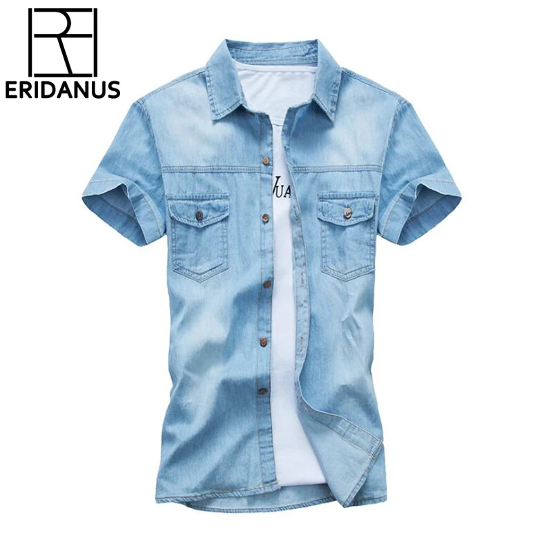 Summer Jeans Shirts Mens Short Sleeve Fashion Casual Cotton Denim Shirt ...