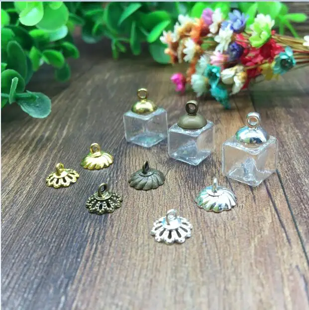 100sets/lot 10mm 3 Colors Empty Ice Cubes Small Box Square Glass Bottle with Cap DIY Jewelry clear glass globes vial pendants | Украшения и