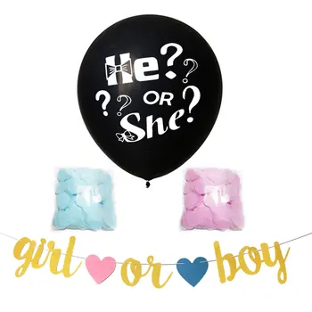 

36 Inch Gender Reveal Latex Balloon HE or SHE for Baby Birthday Party Supplies with Pink, Blue Confetti Girl or Boy Banner