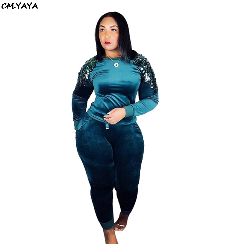 

women new 2019 velvet sequins shoulder splicing pullovers pencil long pants suits two piece set sporty tracksuit outfit GLSJ3250