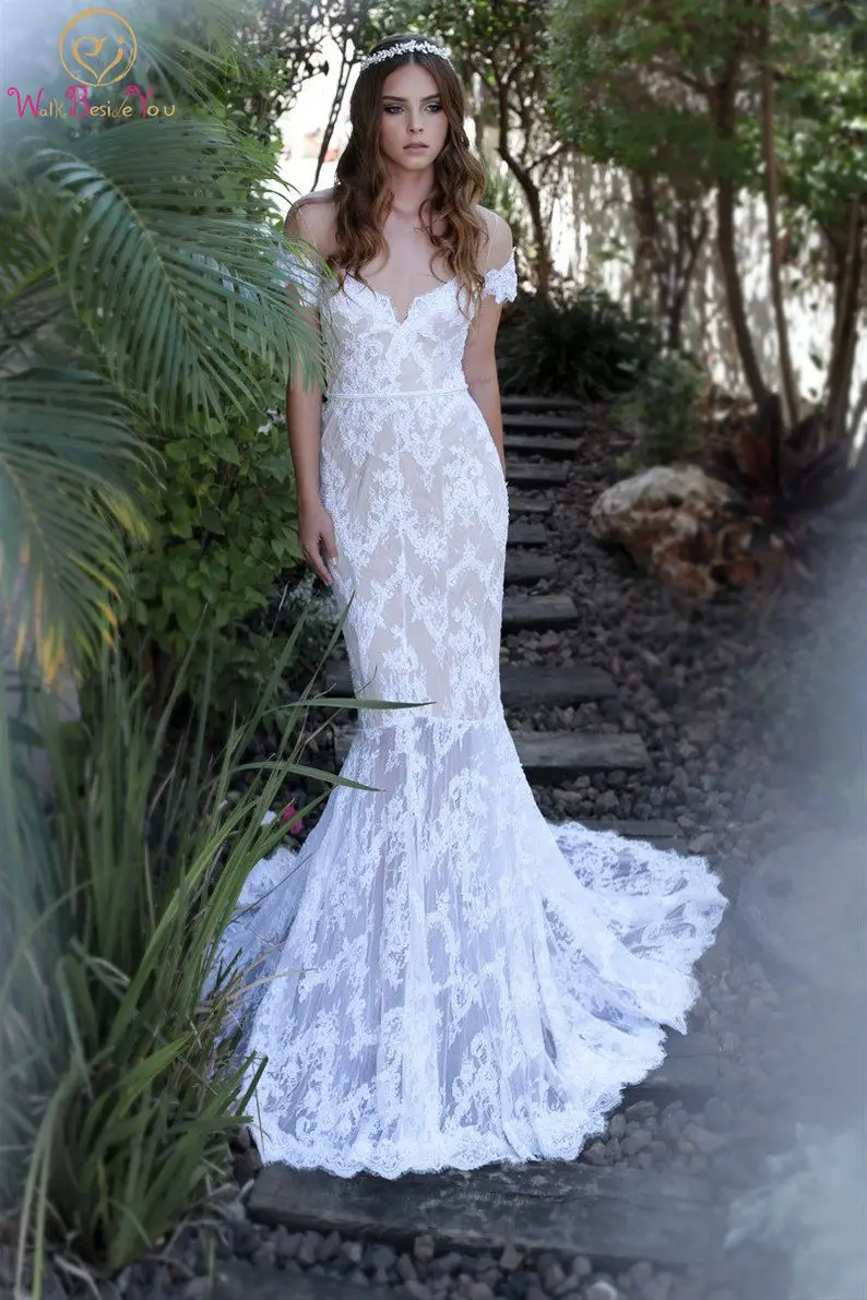 

Beach Wedding Dress Boho Scoop Neck bridal dresses 2019 Elegant Off The Shoulder Princess White Lace Wedding Gown vestido novia
