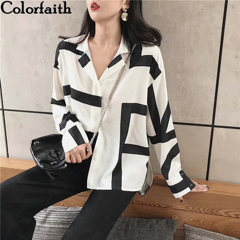 

Colorfaith New Casual Women Blouses & Shirts 2019 Spring Summer Vintage Ladies Fashion Striped Printed Buttons Tops shirt BL3525