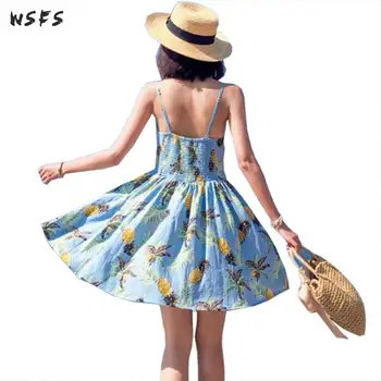 

Summer Blue Beach Dresses Print Vneck Spaghetti Strap Backless Boho Womens Dress Bodycon Bohemian Sexy Patry Mini Dress Vestidos