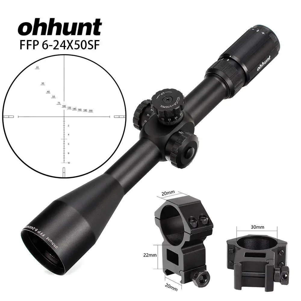 Ohhunt FFP 6-24x50 SF первый фокальный самолет охотничий прицел боковой Параллакс стекло гравированное сетка замок Сброс прицел охотничий прицел - Цвет: with Pictinny Rings