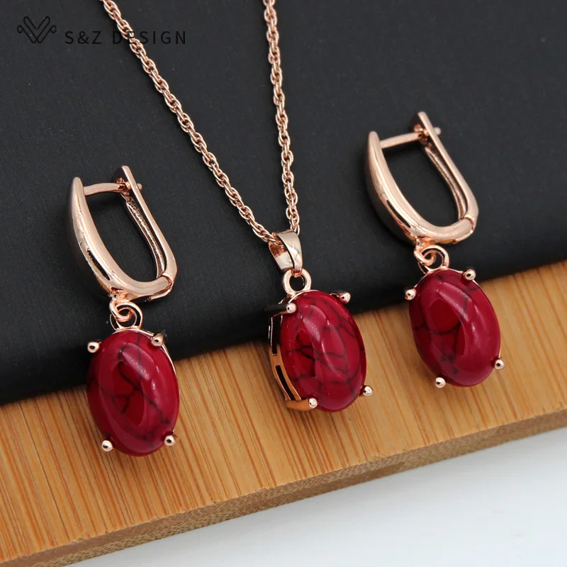 S&Z DESIGN New Turquoises Oval Egg Shape 585 Rose Gold Color Dangle Earrings Jewelry Sets For Women Fashion Pendant Necklace