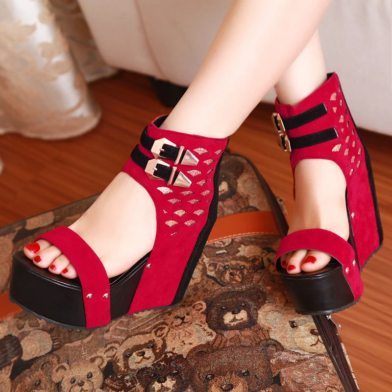

On Sale Gladiator Women Sandals Wedge Shoes Women High Heels Zip Up Shoes Woman Black Red Platform Woman Shoes