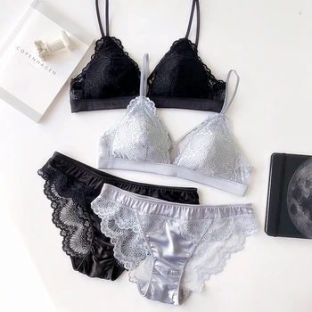 

Wriufred Sexy Lace Bralette Wire Free Comfortably Bra Set Women Low Waist Underwear Triangle Cup Push Up Bra Embroidery Lingerie