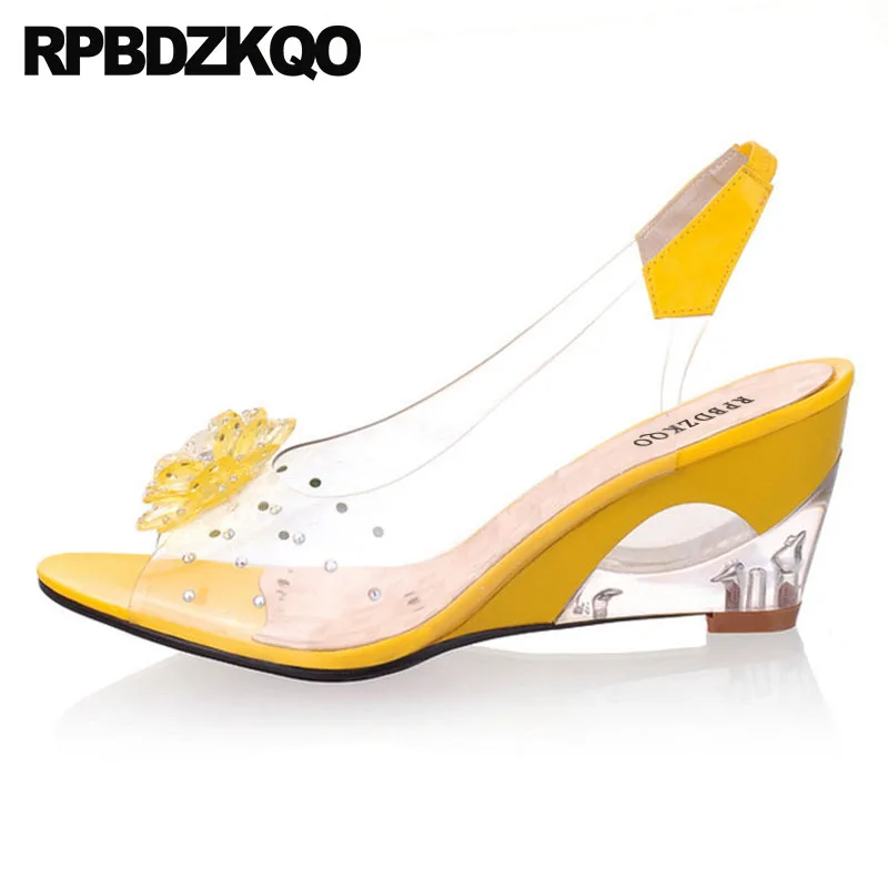 

high heels big size perspex transparent stud women glass yellow 11 slip on nice sandals wedge pumps clear strap shoes flower