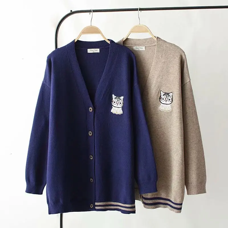 

2019 Plus Size Casual Sweaters Spring Women Clothing Fashion Loose preppy style Embroidery knitting Cardigans E2-8600