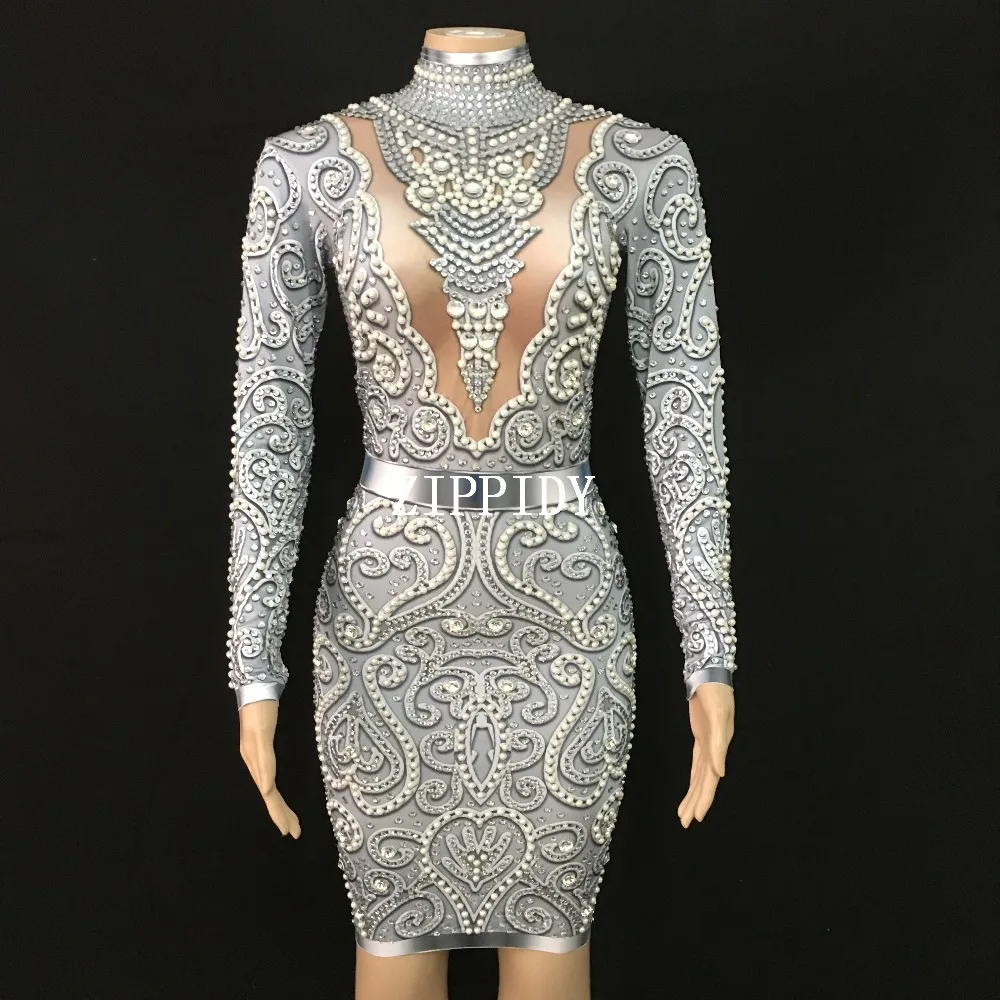 

Fashion Gray Pearls Rhinestones Dress long Sleeves Stretch Sexy Dresses Stage Birthday Party Celebrate Nightclub outfit