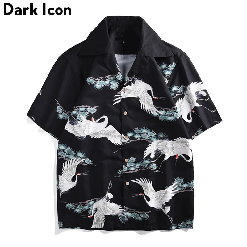 

Dark Icon Crane Full Printed Fashion Street Shirts Men Summer Hawaii Beach Men's Shirts Retro Hip Hop Shirts Cotton